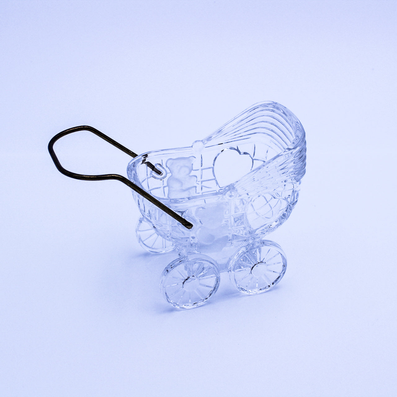 Crystal Glass Baby Carriage w/ Brass Handle, Bear & Heart Motif