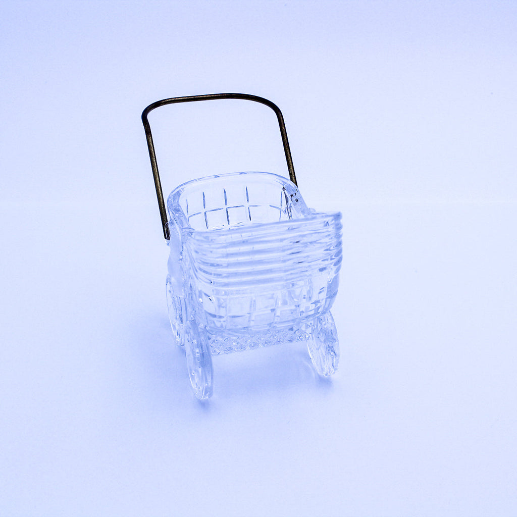 Crystal Glass Baby Carriage w/ Brass Handle, Bear & Heart Motif