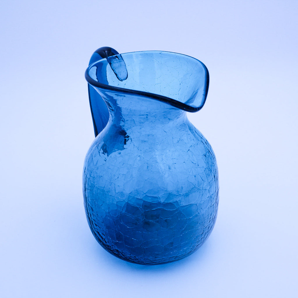 Pichet en verre craquelé Blenko 543 sarcelle — Forme sculpturale soufflée à la main