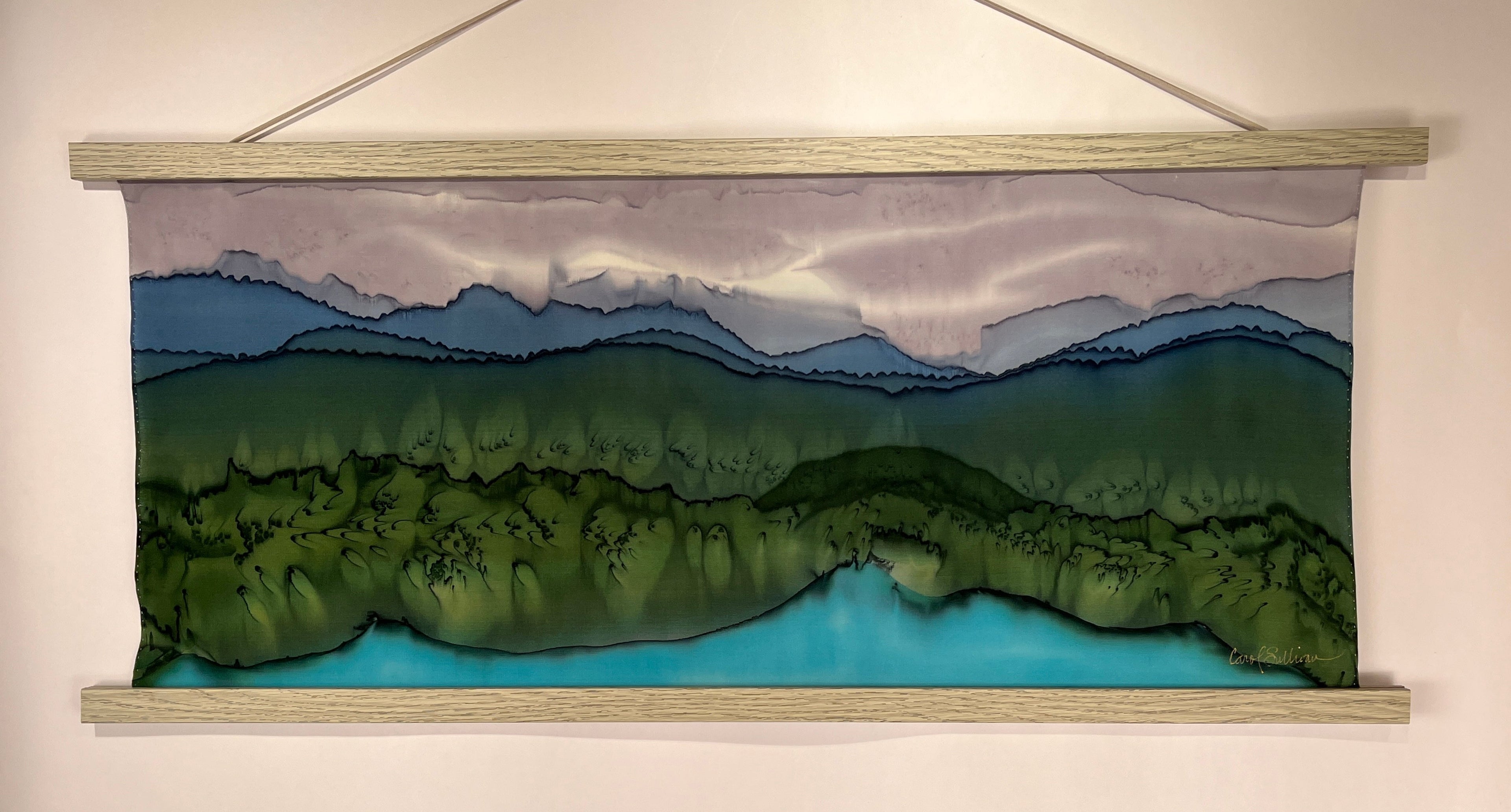 “Mountain Lake Landscape” — Hand‑Painted Silk Wall Hanging