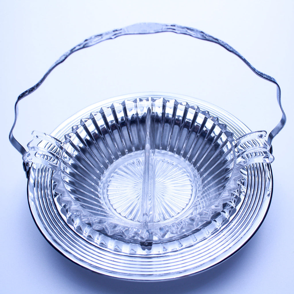 Mid‑Century Chrome Tray with Decorative Glass Insert — Handled Design