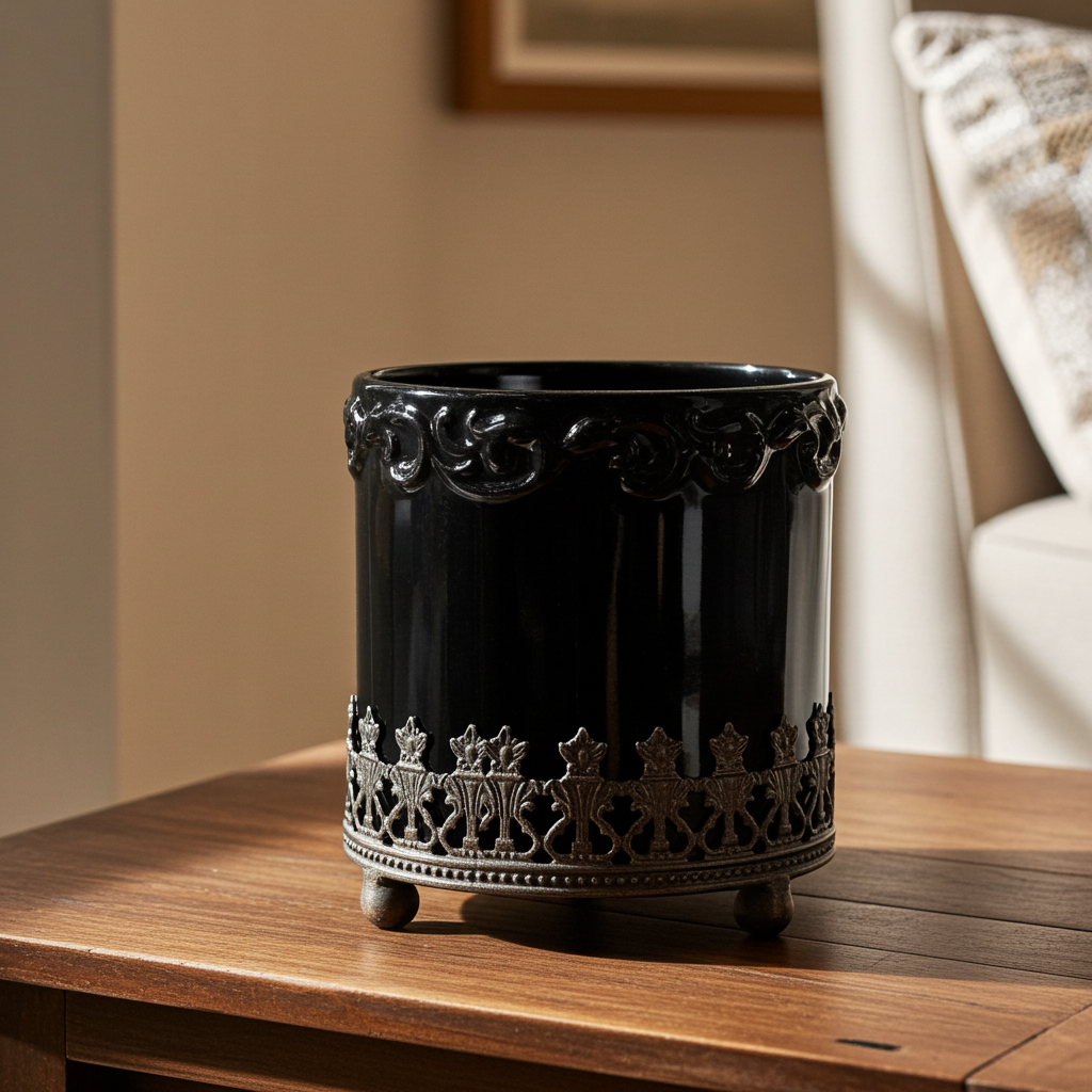 Black Glass Accent Bowl on Metal Crown Stand