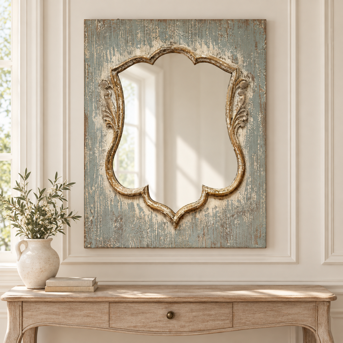 Wood Shield Mirror - Distressed Finish