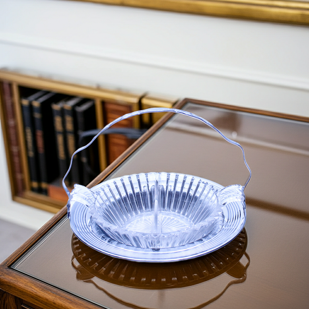 Mid‑Century Chrome Tray with Decorative Glass Insert — Handled Design