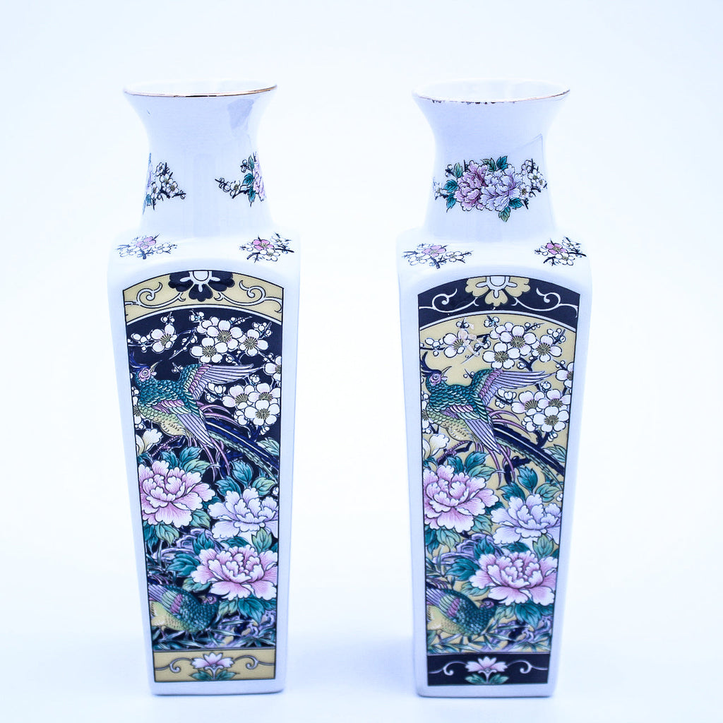 Lot de vases en céramique vintage « Empress » de Haruta, motif floral et oiseaux carré
