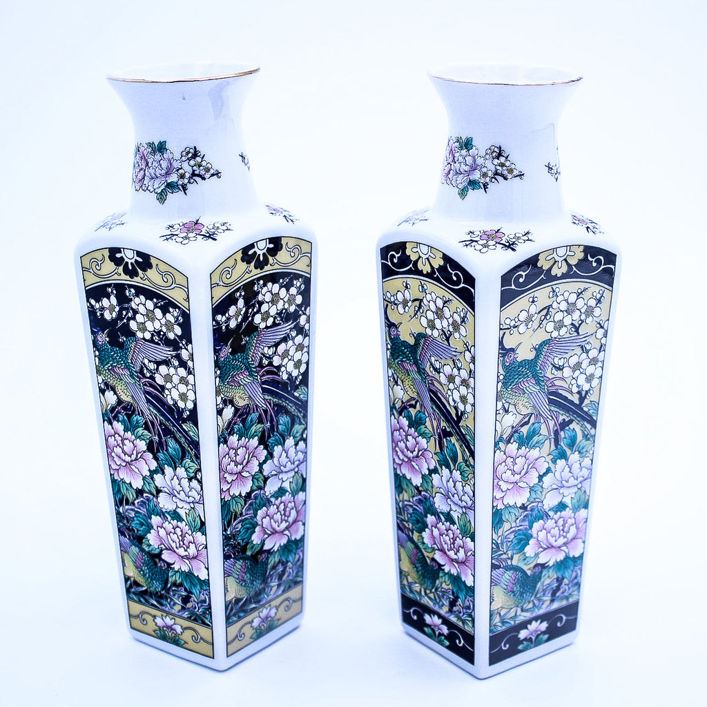 Lot de vases en céramique vintage « Empress » de Haruta, motif floral et oiseaux carré