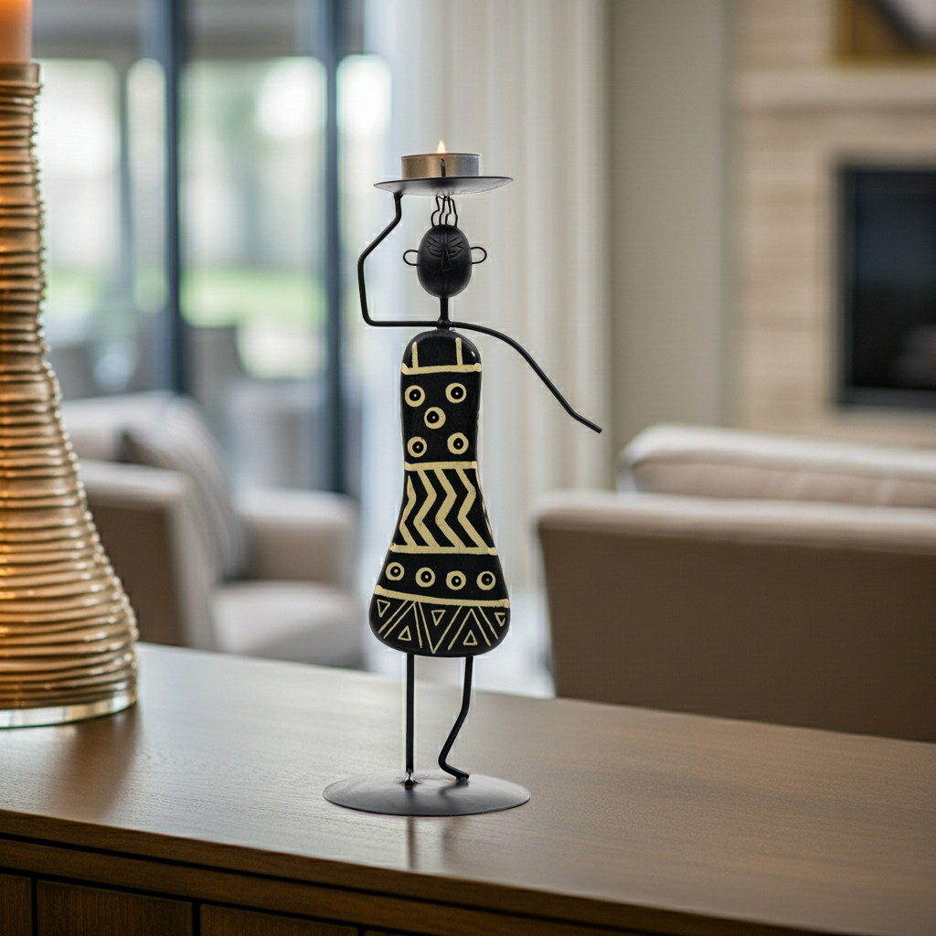 African Tribal Woman Candlestick Holder - Hand-Painted Wire Figure