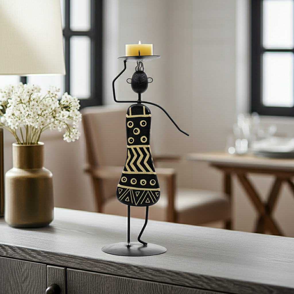 African Tribal Woman Candlestick Holder - Hand-Painted Wire Figure
