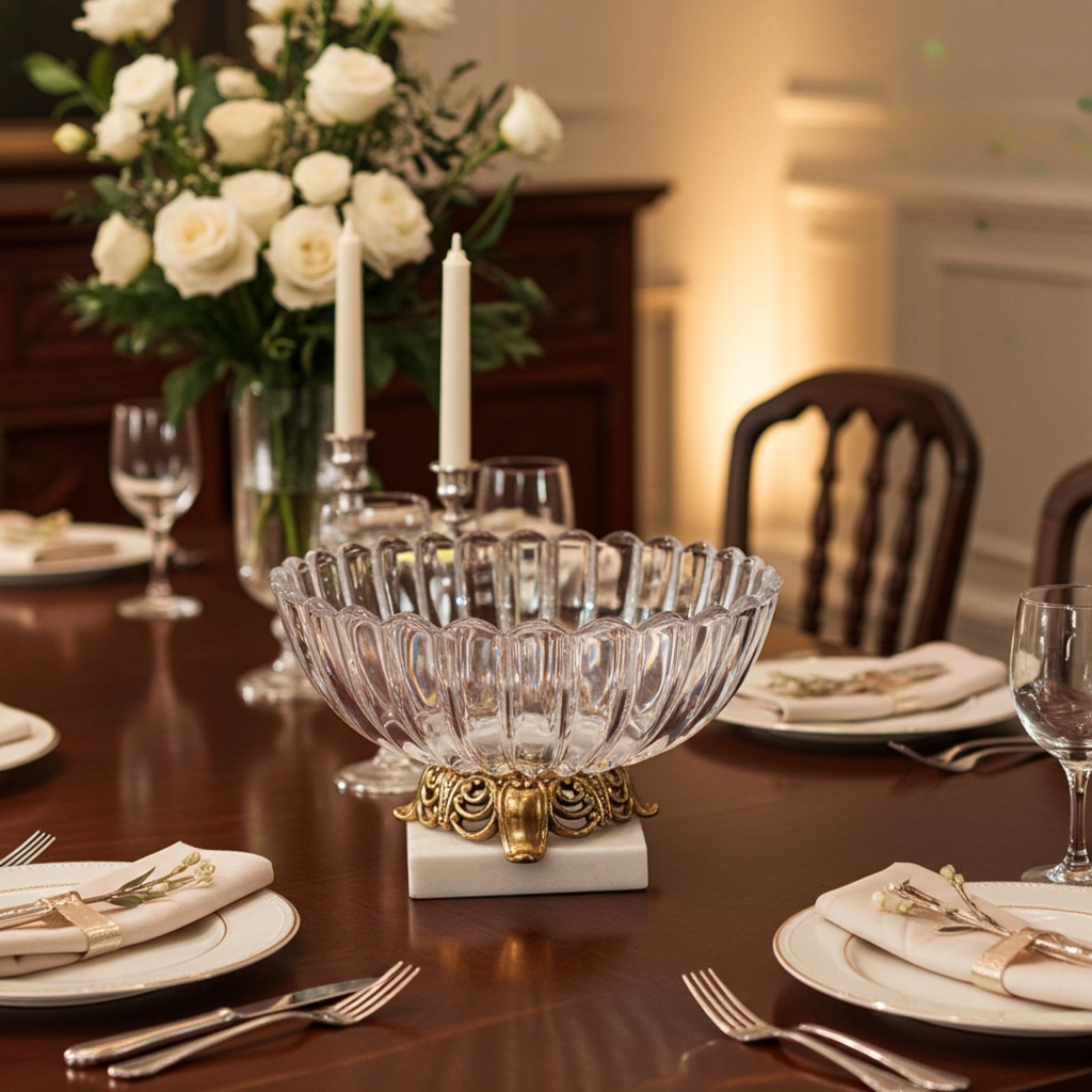 Ribbed Glass Centerpiece Bowl on Marble Base