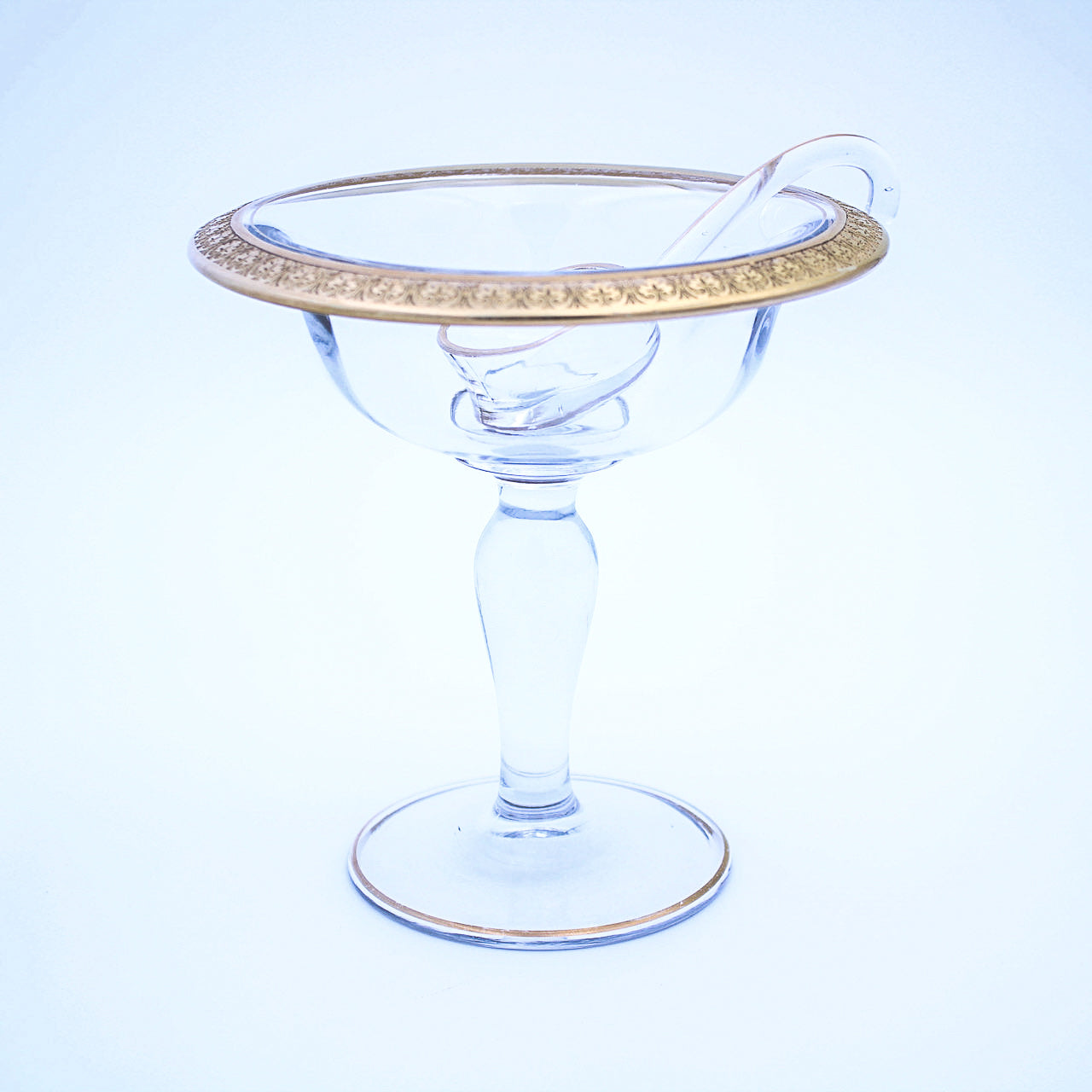 Tiffin Franciscan Clear Glass Compote with Etched Gold‑Tone Rim and Scoop