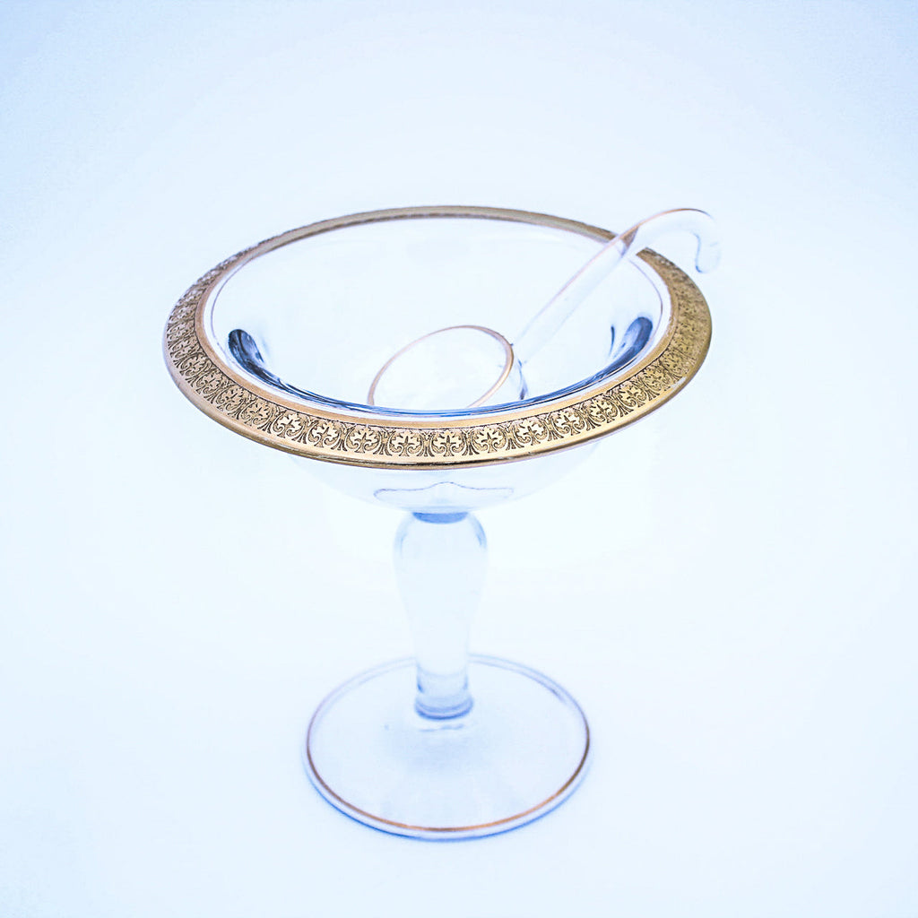 Tiffin Franciscan Clear Glass Compote with Etched Gold‑Tone Rim and Scoop