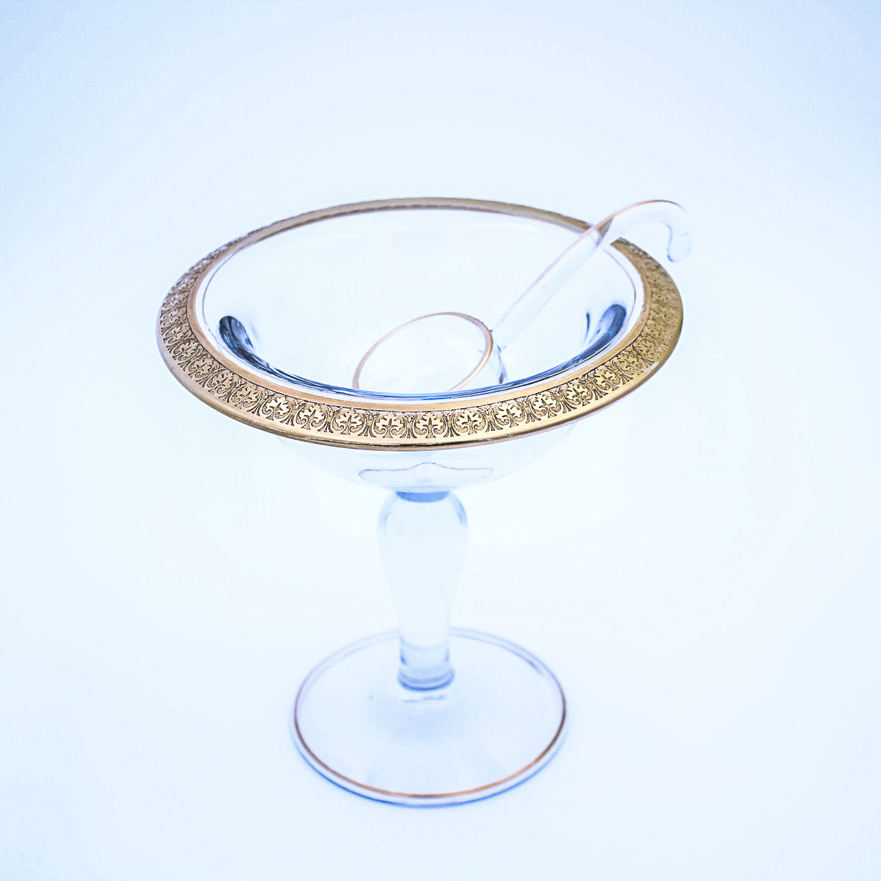 Tiffin Franciscan Clear Glass Compote with Etched Gold‑Tone Rim and Scoop