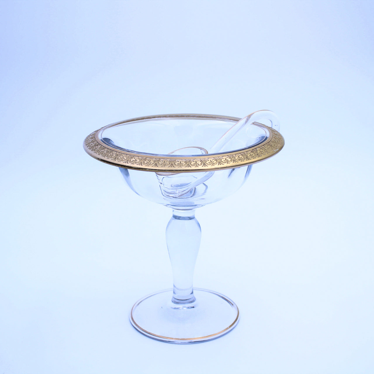 Tiffin Franciscan Clear Glass Compote with Etched Gold‑Tone Rim and Scoop