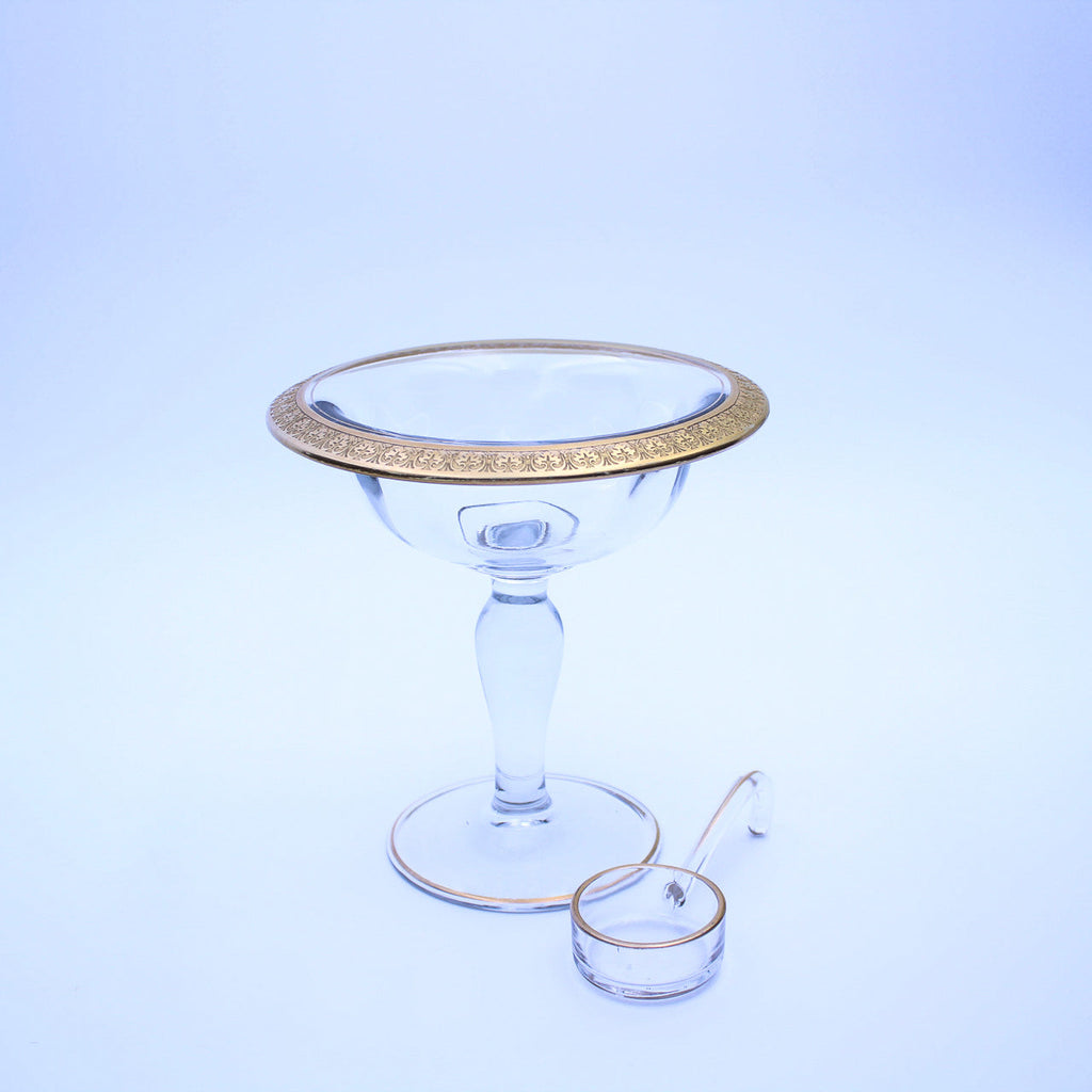Tiffin Franciscan Clear Glass Compote with Etched Gold‑Tone Rim and Scoop