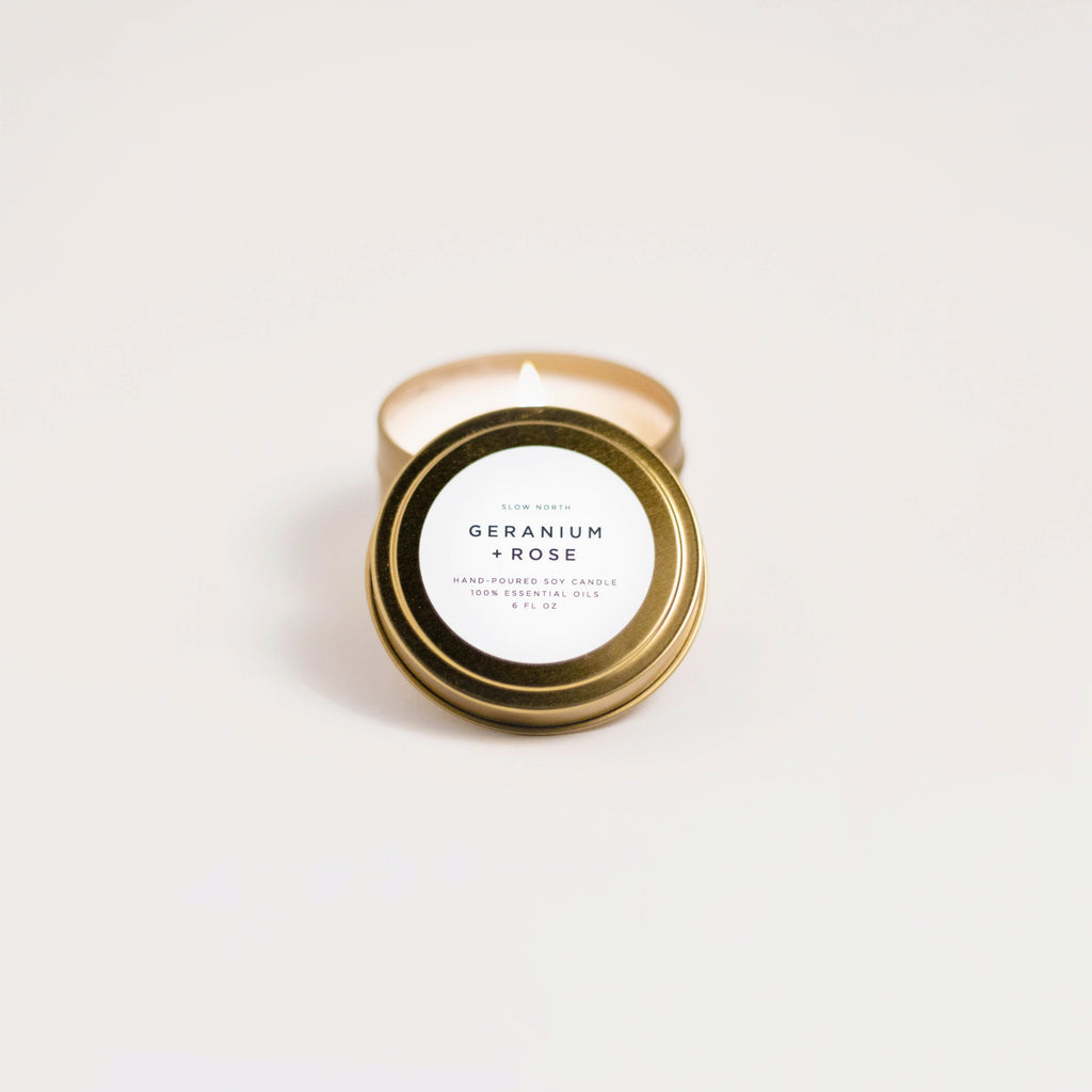 Geranium + Rose Travel Candle – Soft Floral Blend