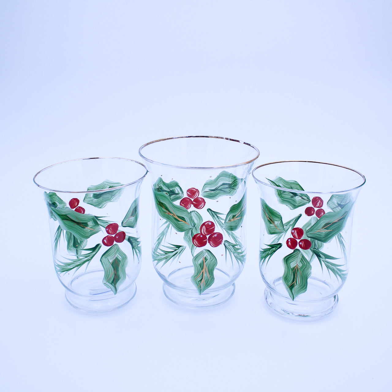 Set of 3 Hand‑Painted Holly Hurricanes with Gold‑Tone Trim — Original Box