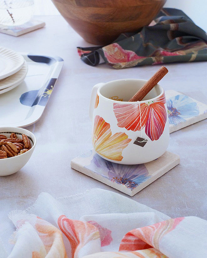 Coaster Set: Himalayan Blue Poppies on Ecru