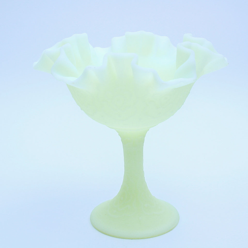 Fenton Persian Medallion Uranium Custard Satin Glass Compote
