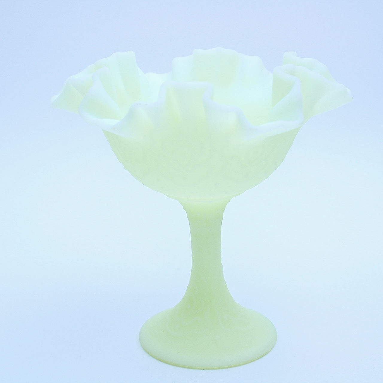 Fenton Persian Medallion Uranium Custard Satin Glass Compote