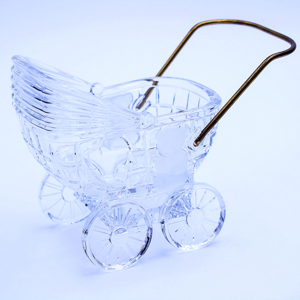 German 24% Lead Crystal Baby Carriage with Brass Handle & Bear Motif