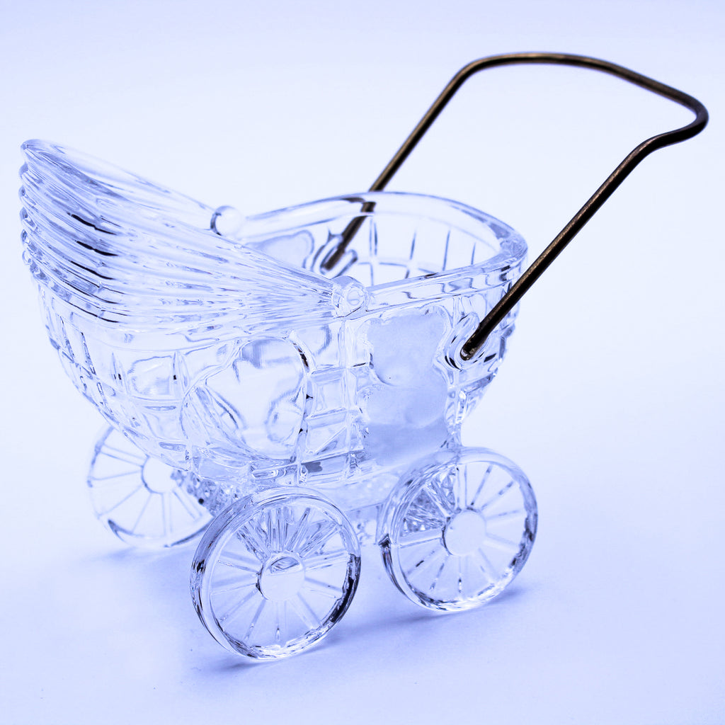 German 24% Lead Crystal Baby Carriage with Brass Handle & Bear Motif