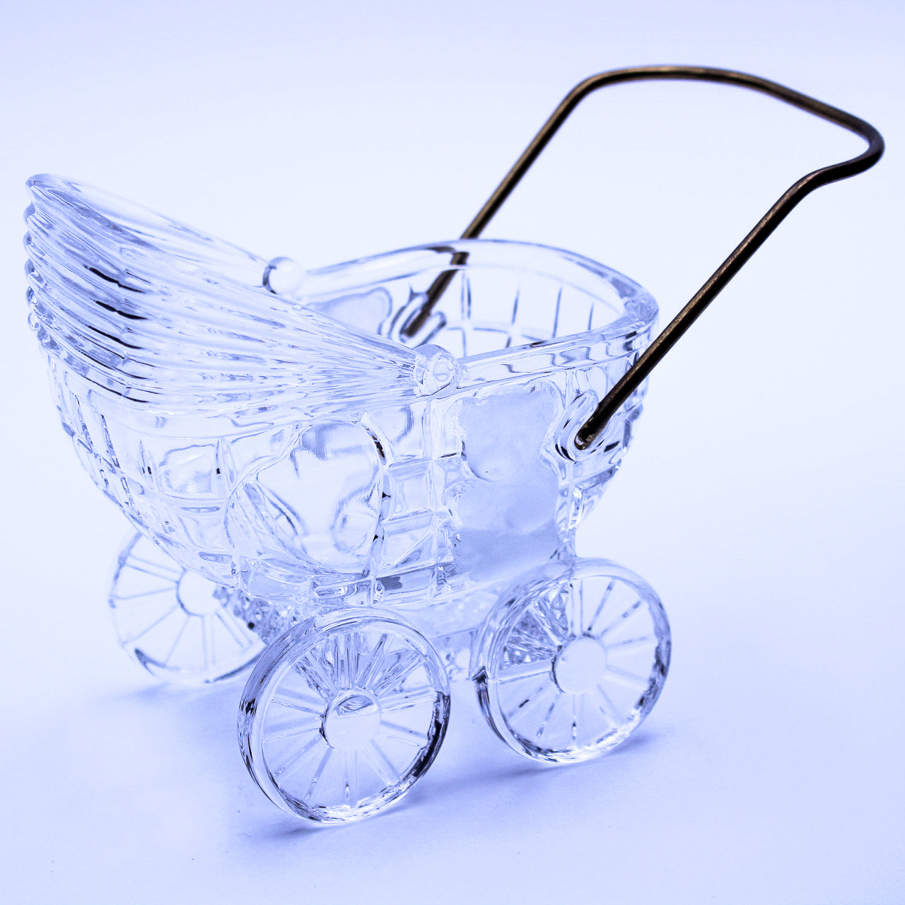 German 24% Lead Crystal Baby Carriage with Brass Handle & Bear Motif