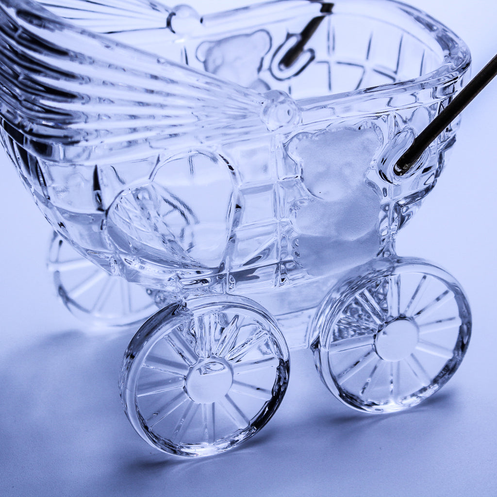 German 24% Lead Crystal Baby Carriage with Brass Handle & Bear Motif