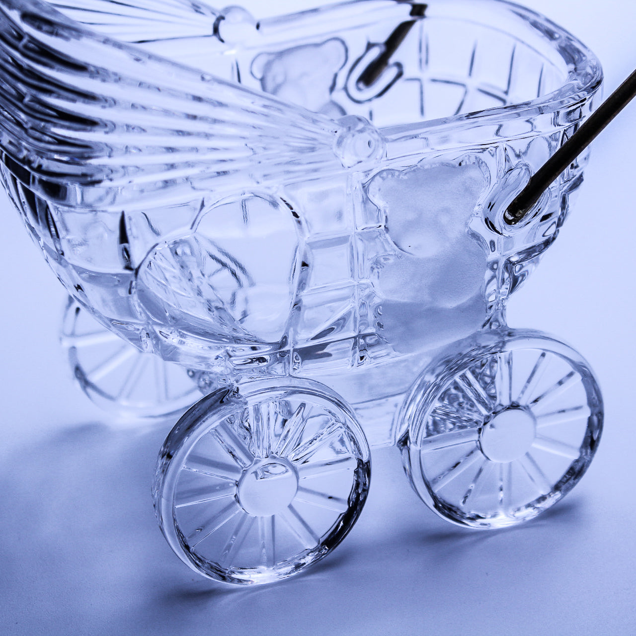 German 24% Lead Crystal Baby Carriage with Brass Handle & Bear Motif