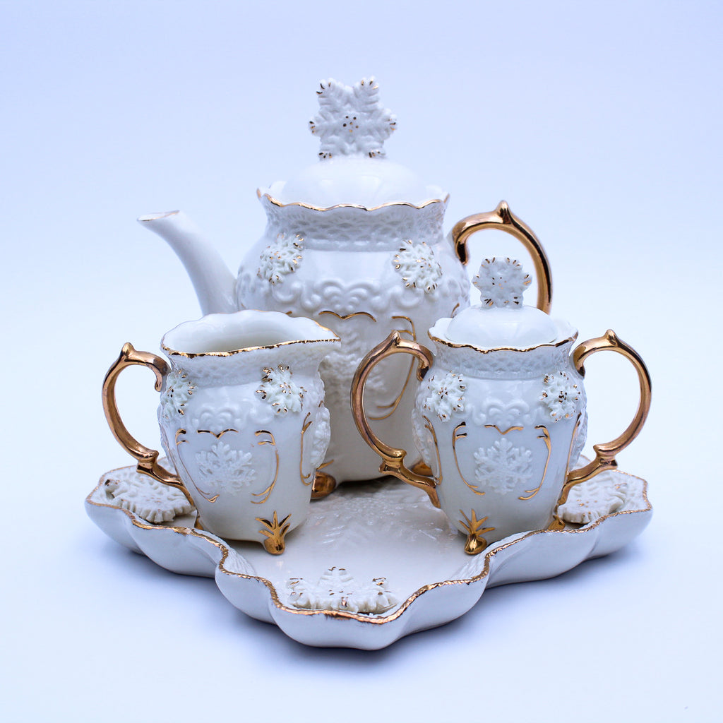 Hand‑Painted Teapot Set with Tray, Creamer & Sugar Bowl