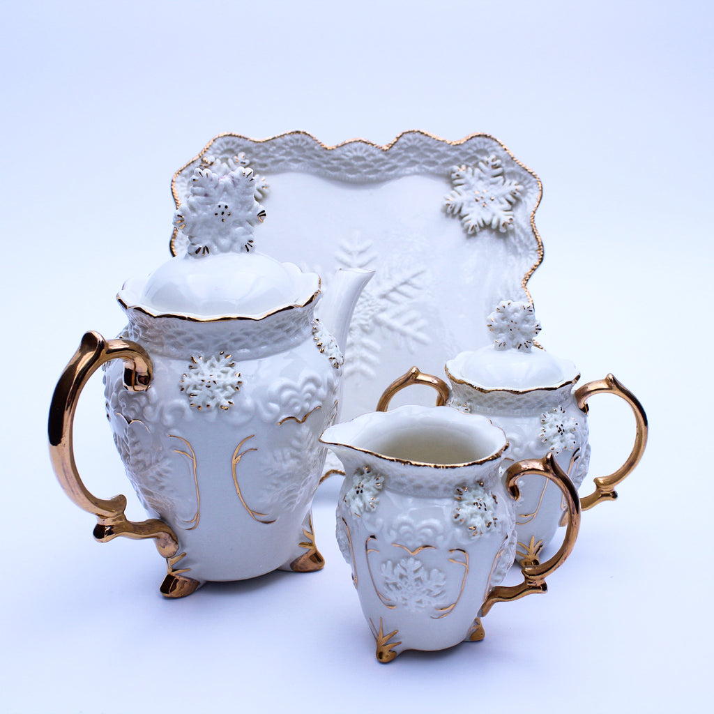 Hand‑Painted Teapot Set with Tray, Creamer & Sugar Bowl