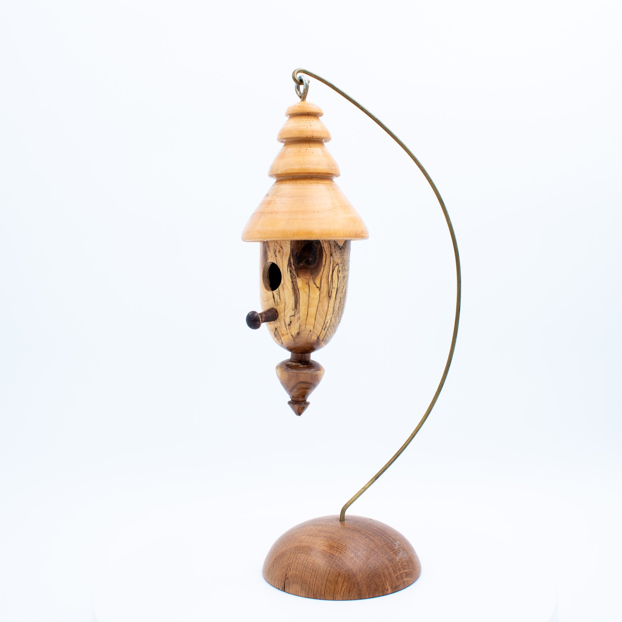 Hand‑Turned Wood Birdhouse Ornament with Stand – 13.5 in