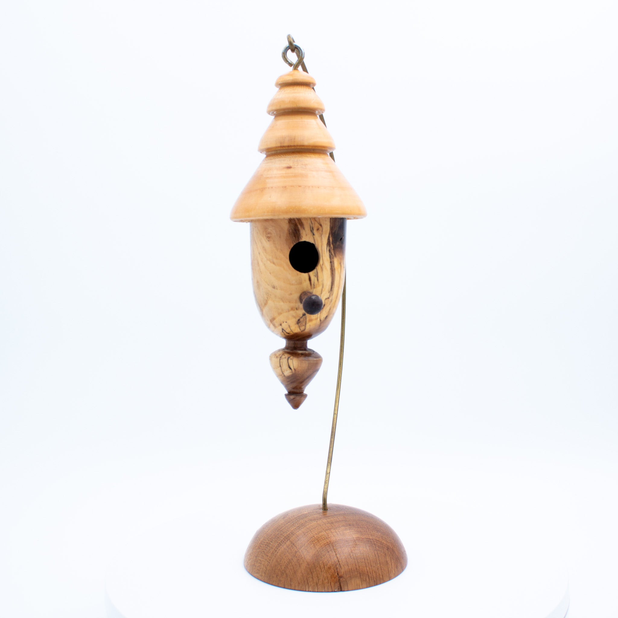 Hand‑Turned Wood Birdhouse Ornament with Stand – 13.5 in