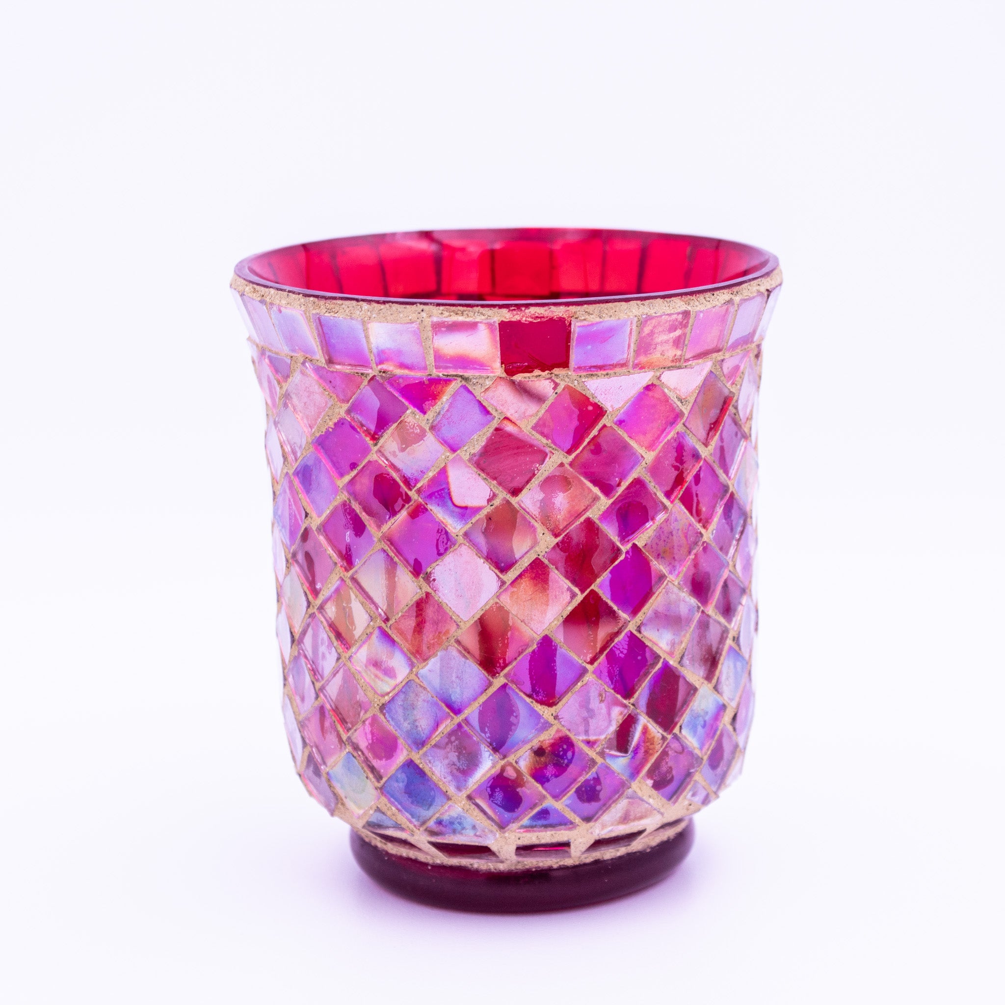 Mosaic Glass Red Candle Holder or Table Vase Set of 2