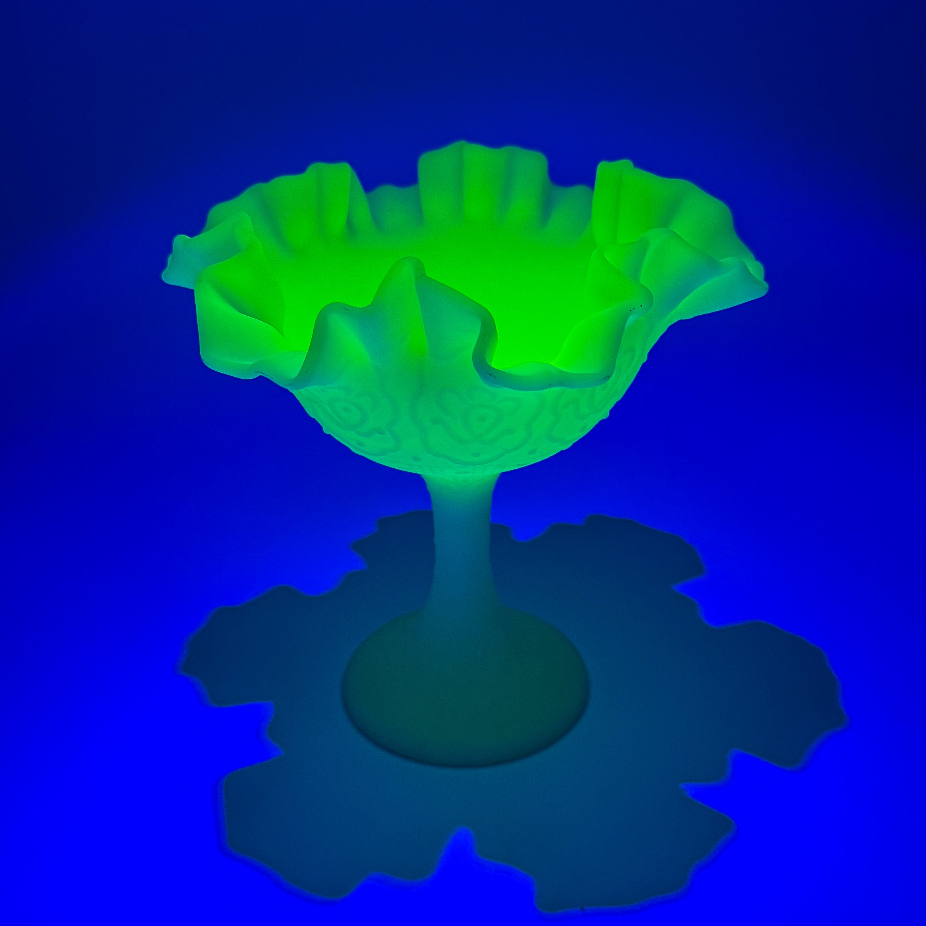 Fenton Persian Medallion Uranium Custard Satin Glass Compote