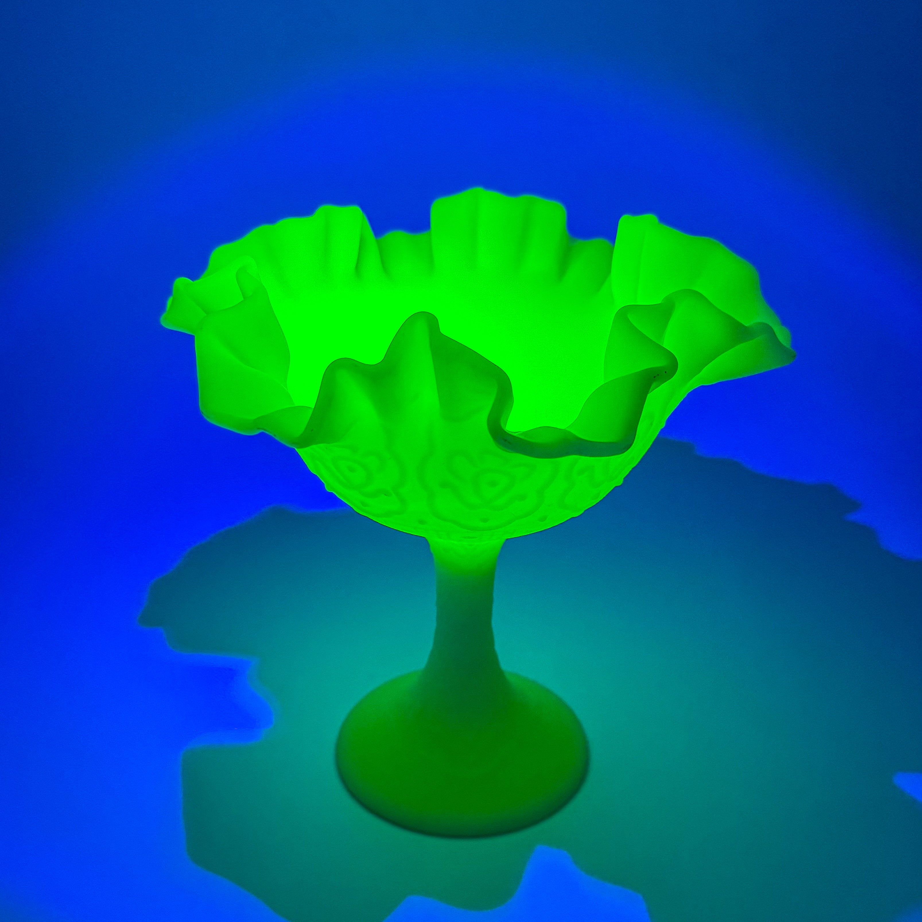 Fenton Persian Medallion Uranium Custard Satin Glass Compote