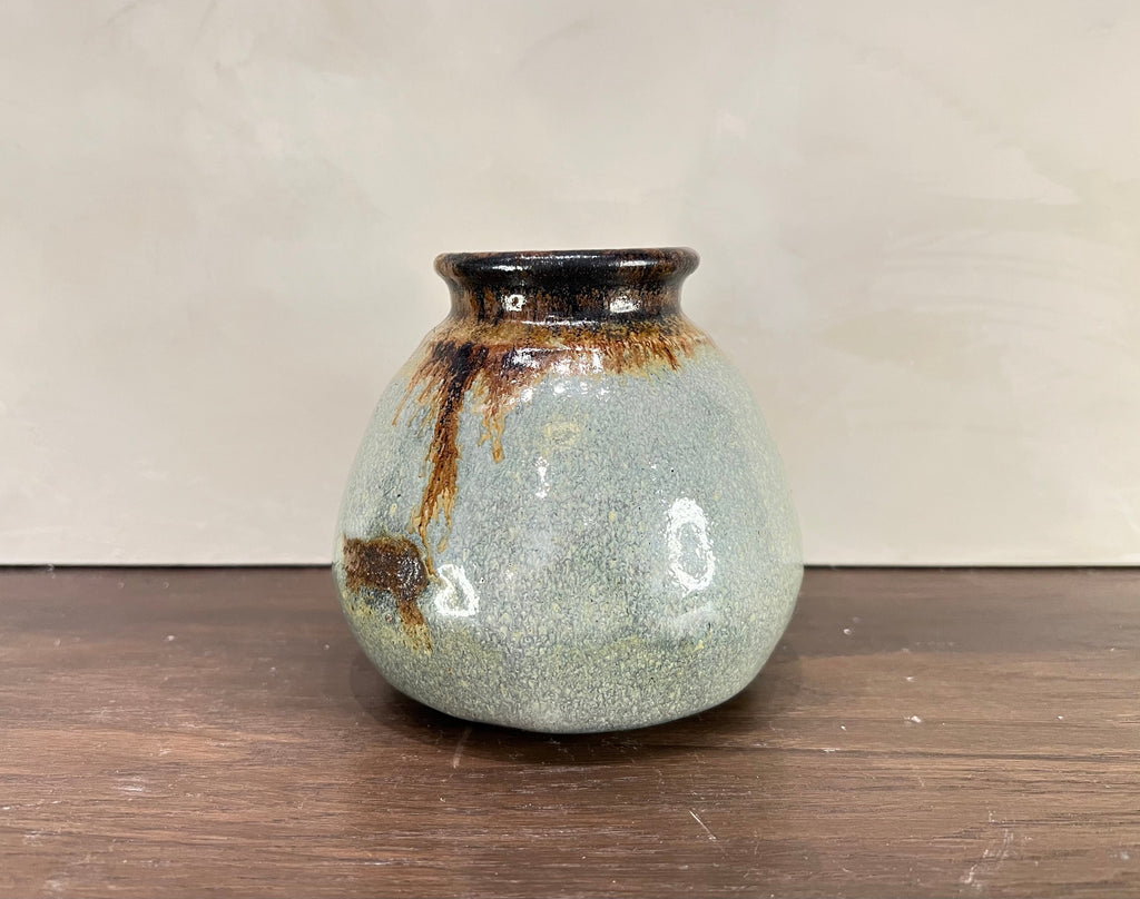 Handmade Bud Vase — Muted Blue‑Green & Brown Drip Glaze