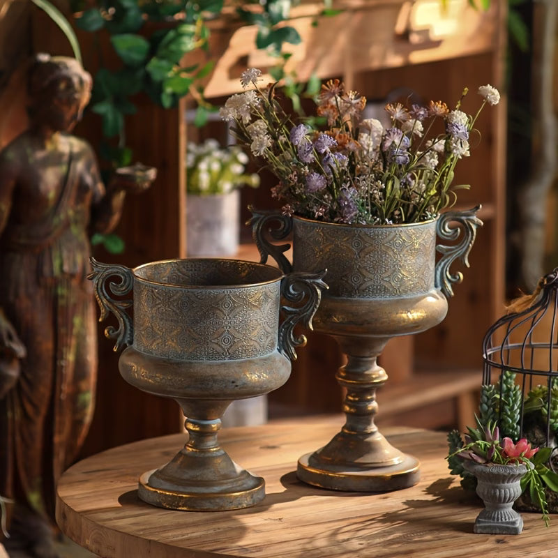 Embossed Gold Urn Planter - Decorative Handles