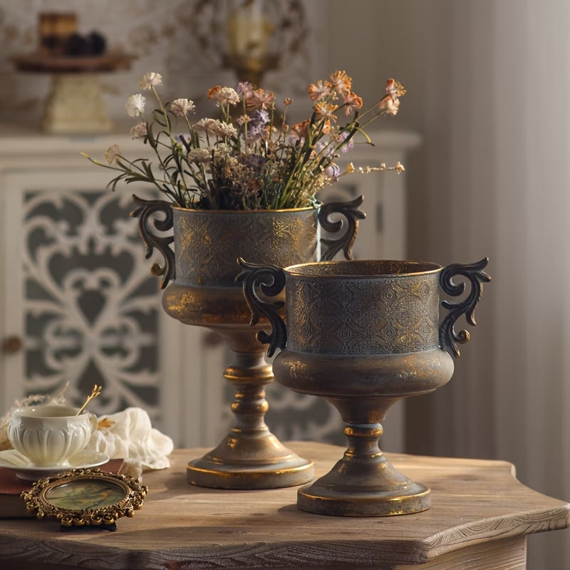 Embossed Gold Urn Planter - Decorative Handles