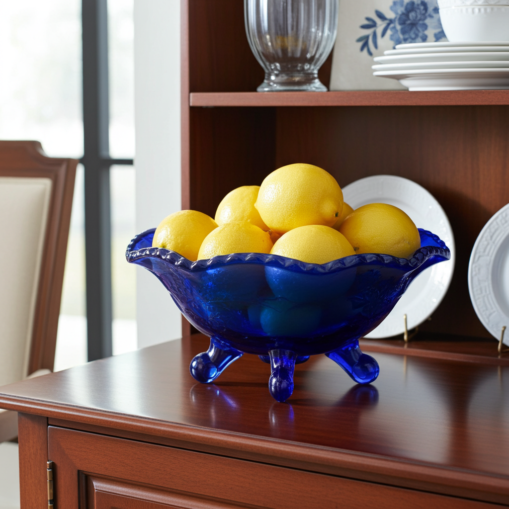 Fenton Cobalt Blue Stag & Holly Three‑Footed Glass Bowl