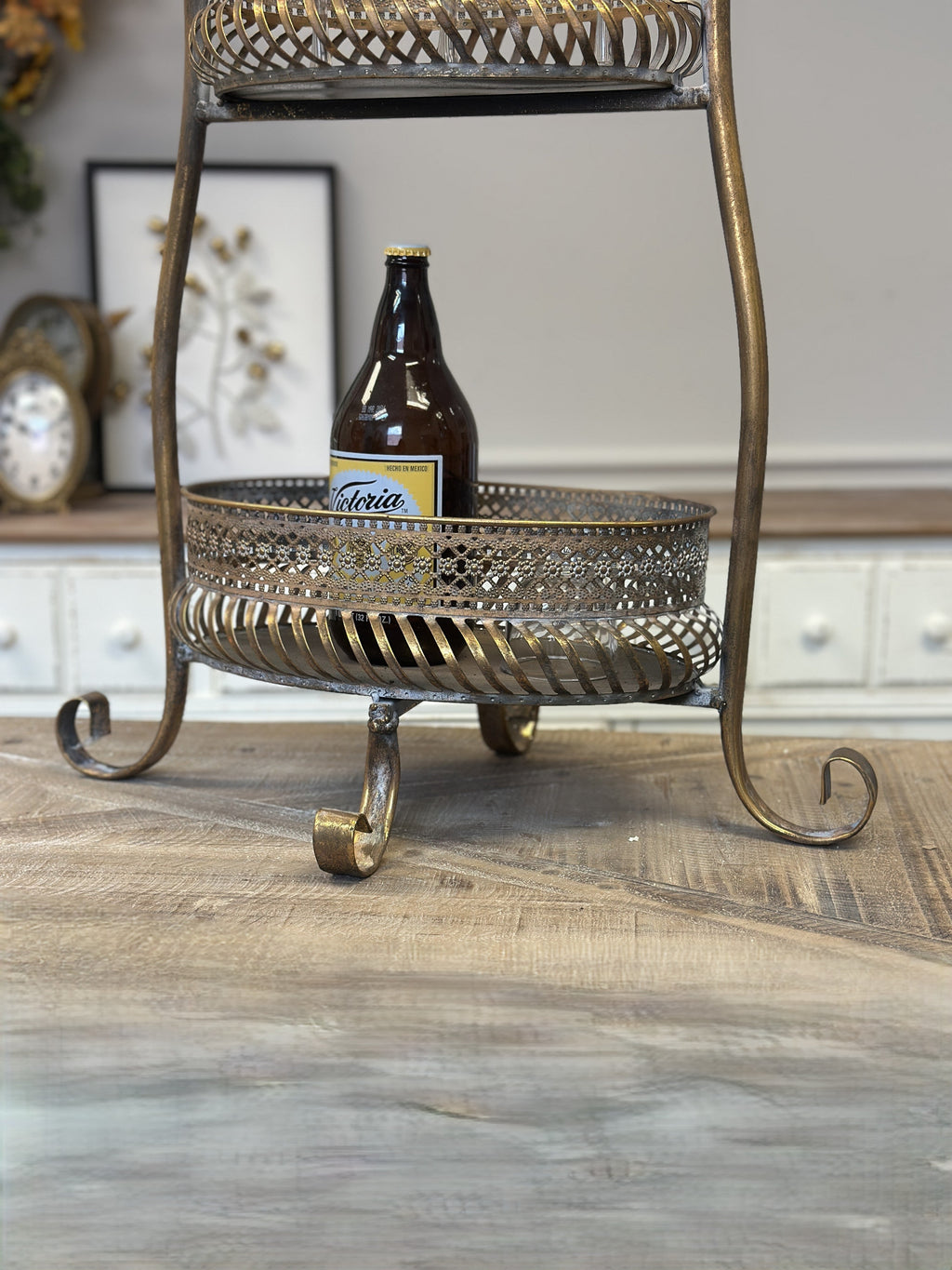 Two-Tier Metal Bar Cart - Ornate Cut-Out Detailing