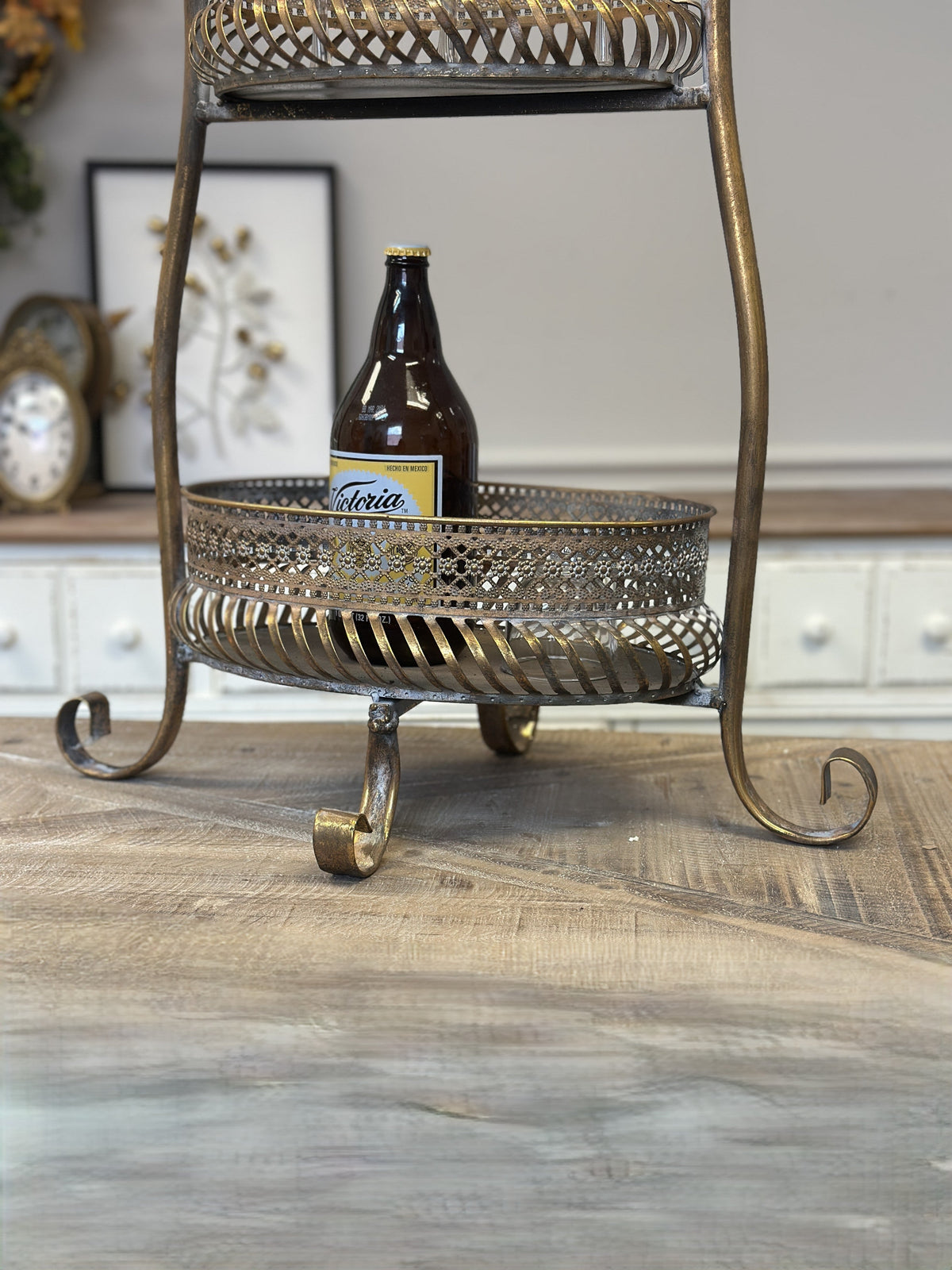 Two-Tier Metal Bar Cart - Ornate Cut-Out Detailing