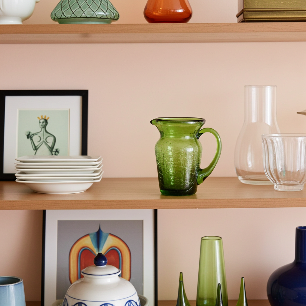 Hand‑Blown Pilgrim Olive Green Crackle Glass Miniature Pitcher