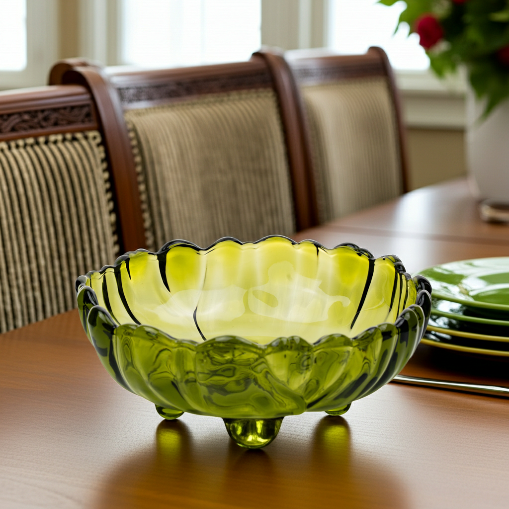 Indiana Glass Sunflower Footed Bowl - Olive Green Scalloped Rim