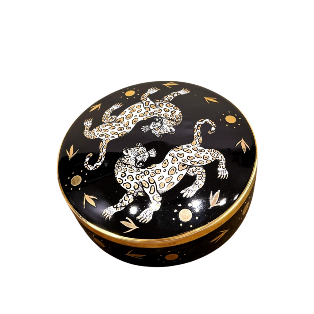 Maenad Glazed Porcelain Round Box — Leopard Print