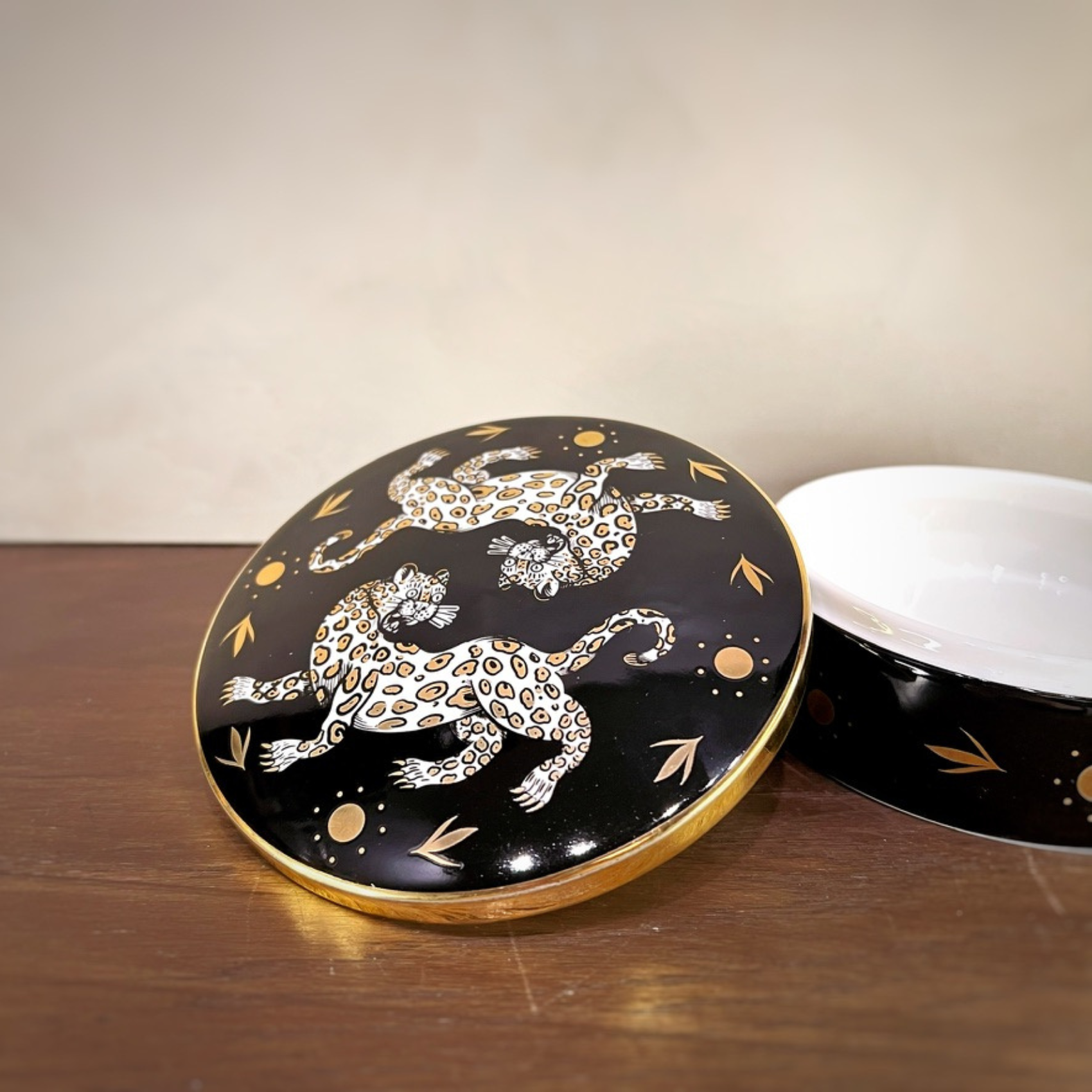 Maenad Glazed Porcelain Round Box — Leopard Print