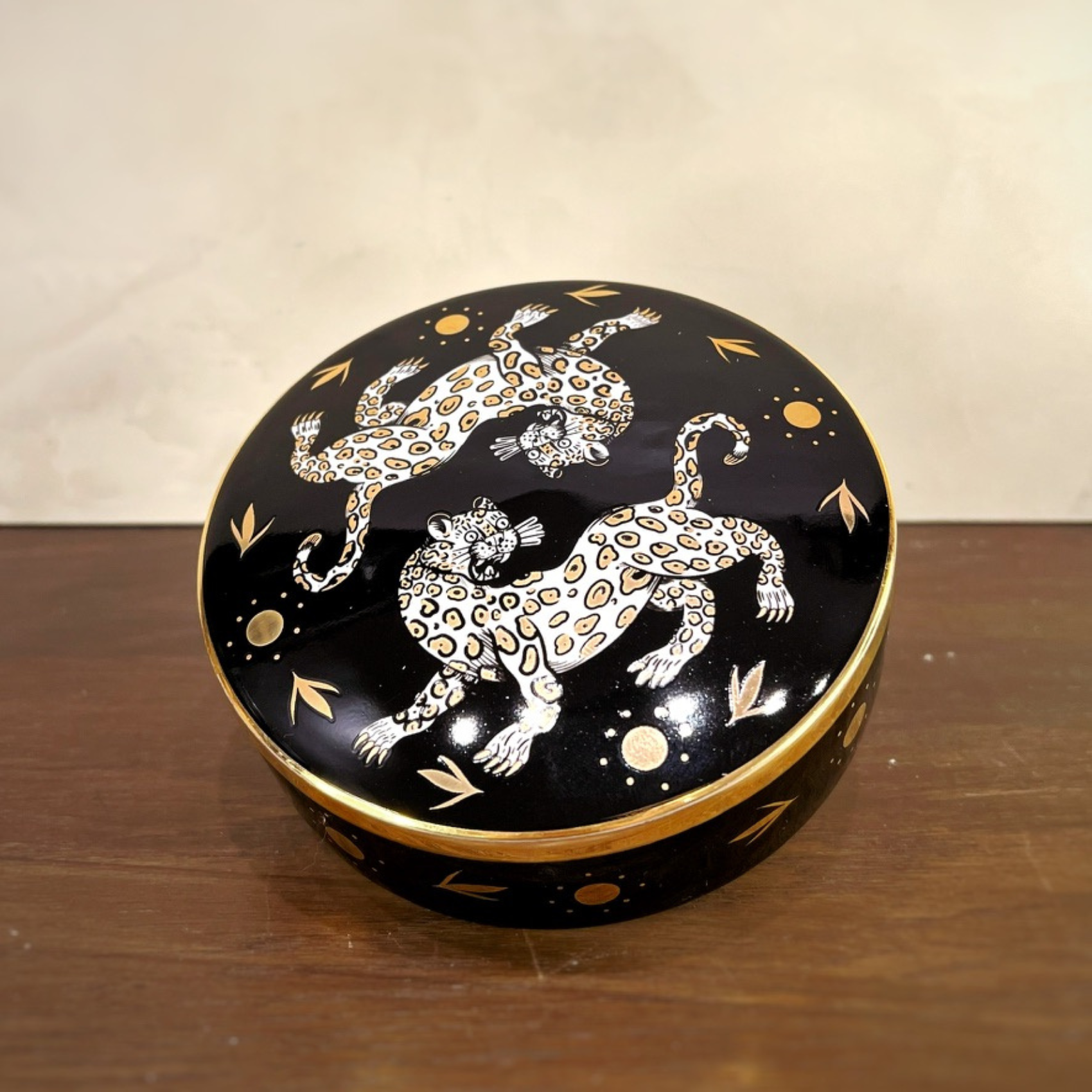 Maenad Glazed Porcelain Round Box — Leopard Print