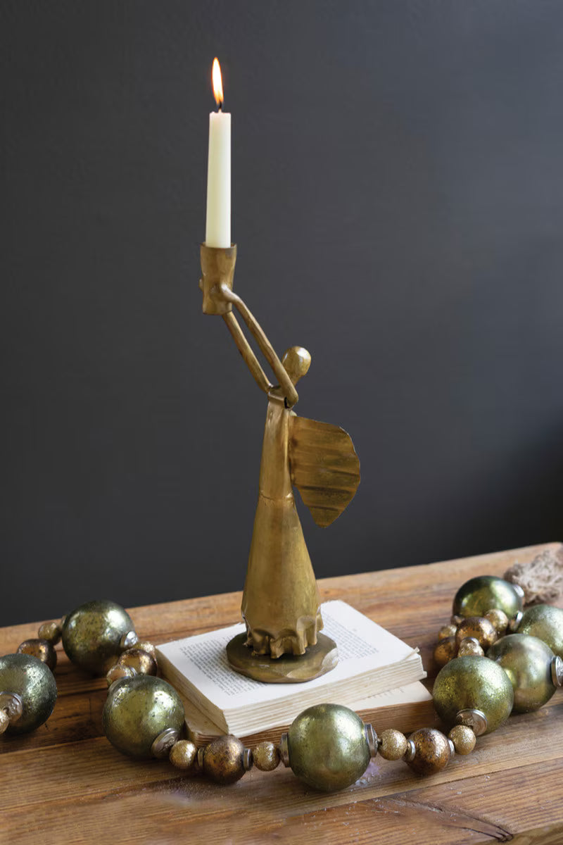Metal Christmas Angel Taper Candle Holder - Antique Gold Finish