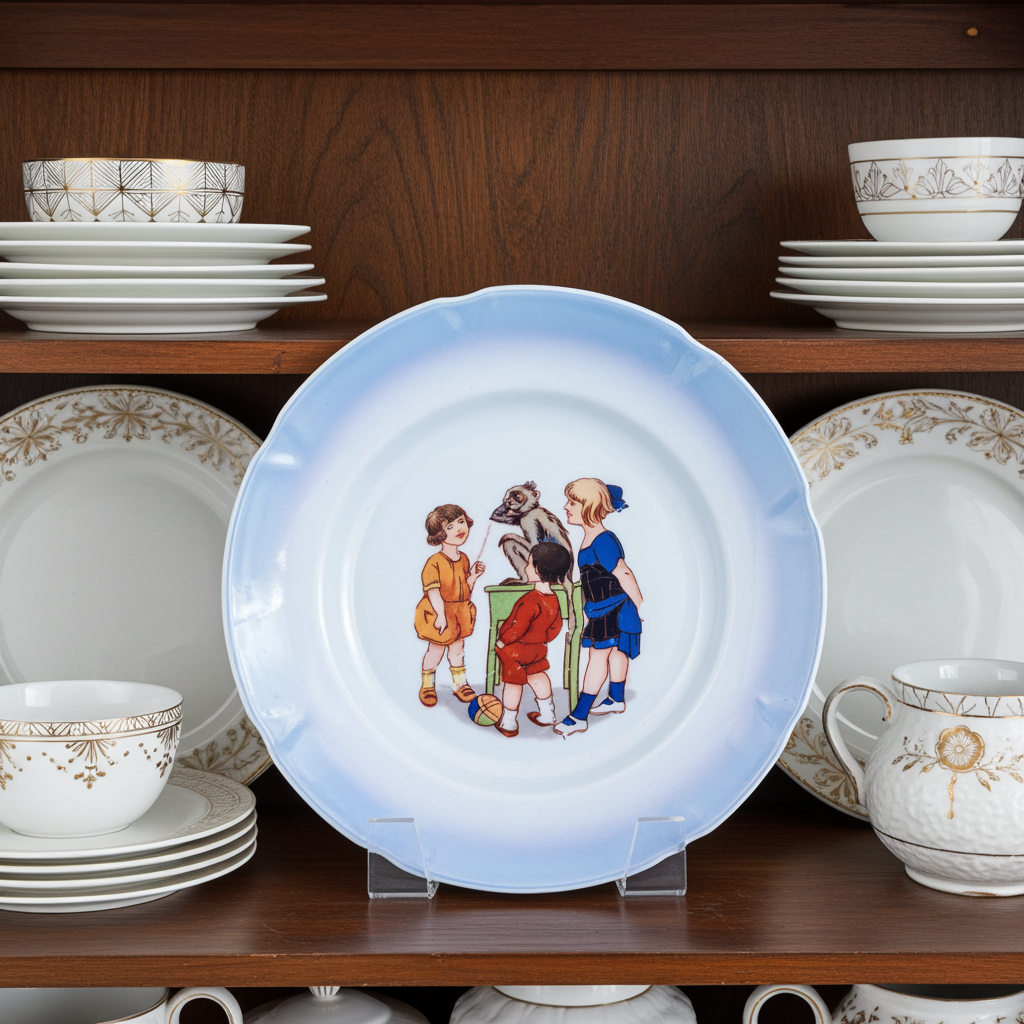 German Porcelain Children and Monkey Collector Plate
