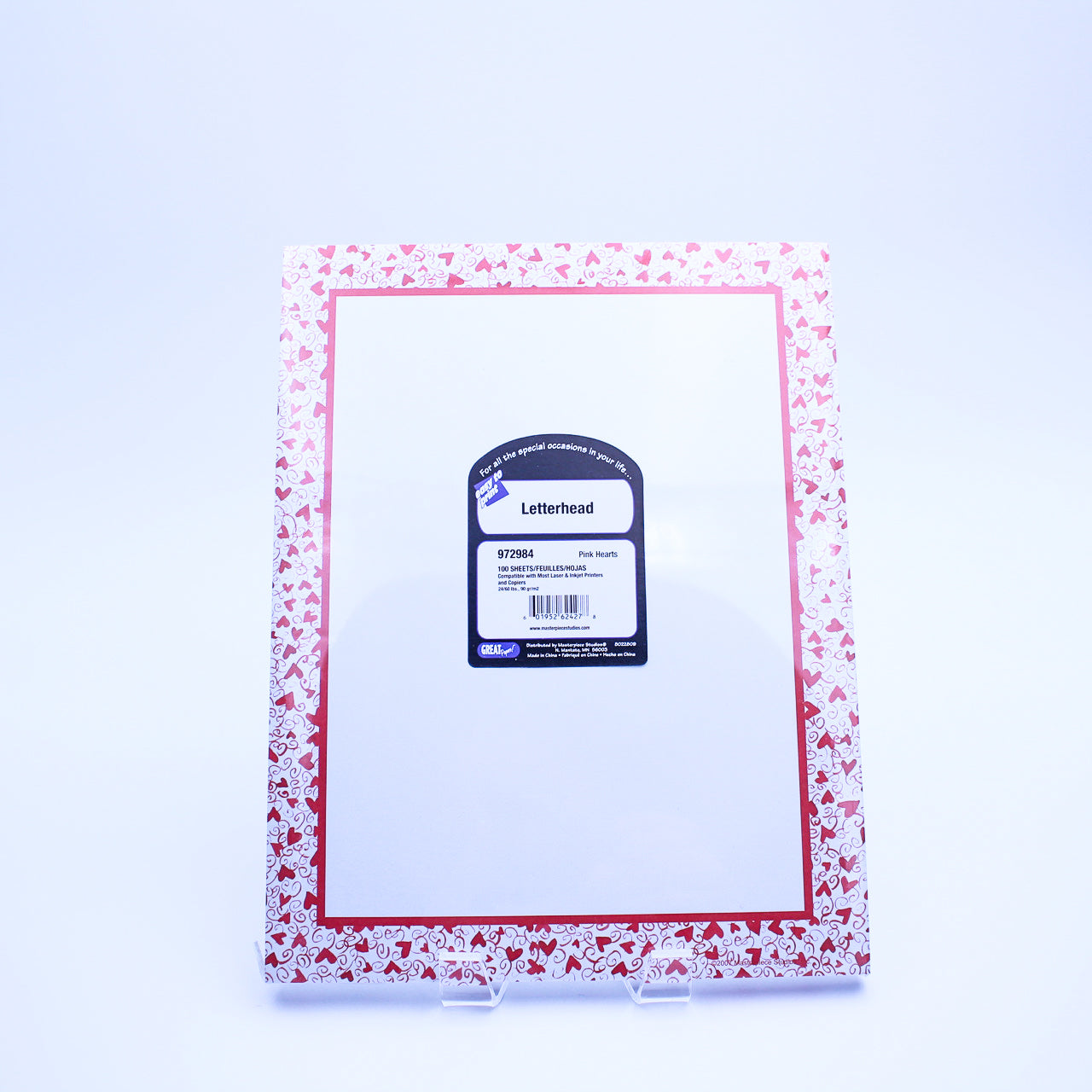 Pink Hearts Letterhead Stationery, 100 Sheets, 8.5x11