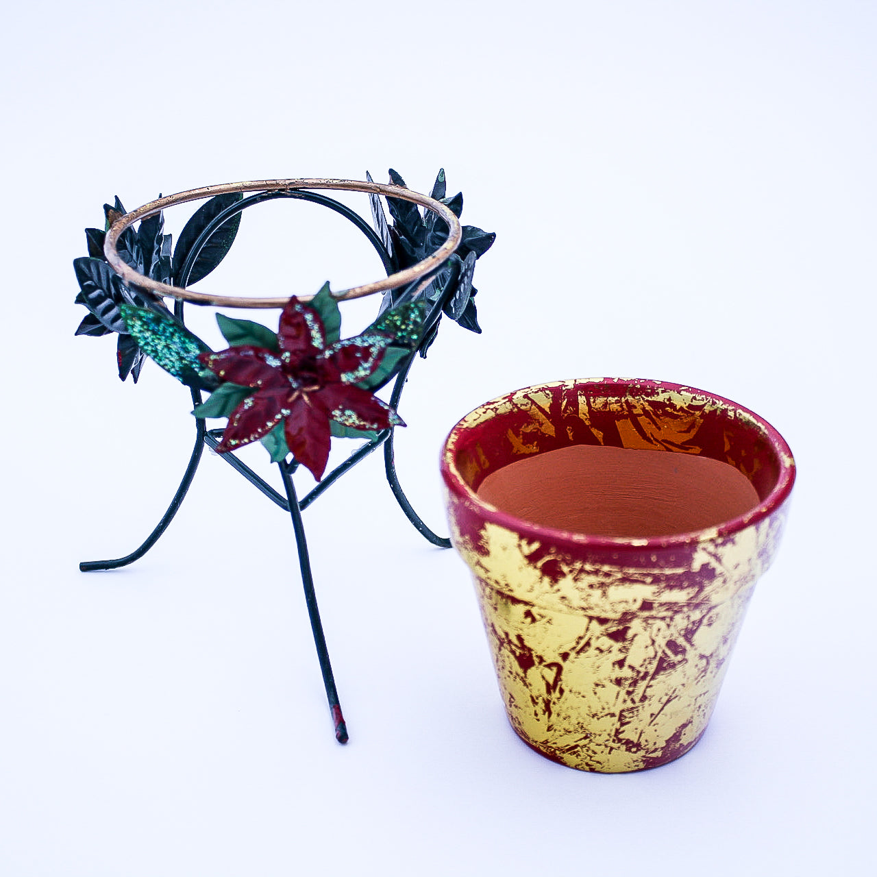 Metal Poinsettia Decorative Holder with Red Clay Pot — Holiday Accent
